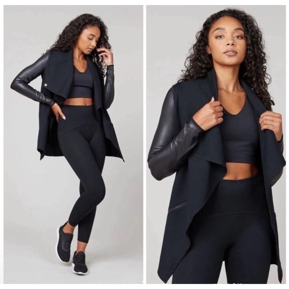 Spanx Jacket Women Small Black Drape Front Wrap Faux Leather Arms Ponte